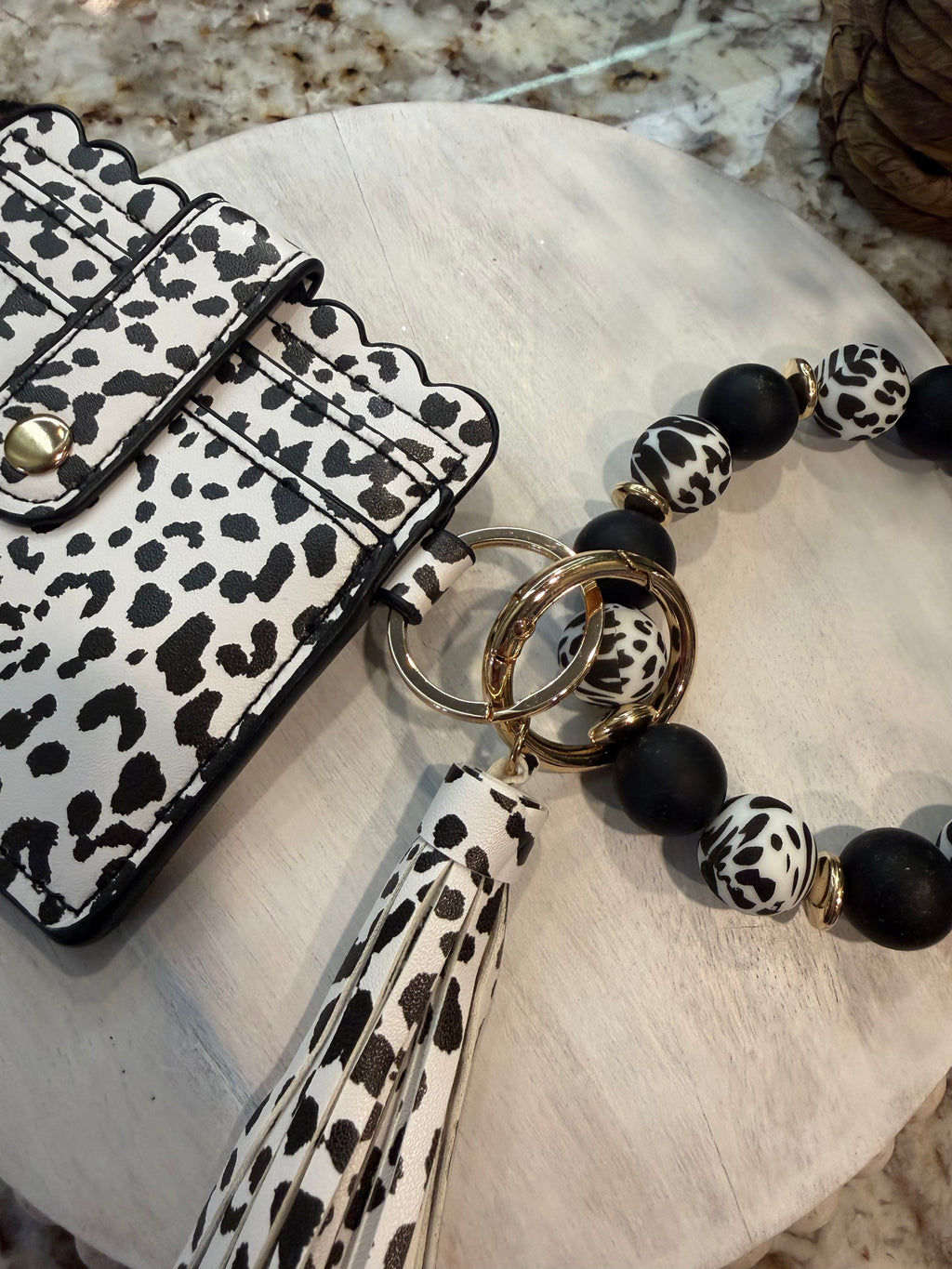 Wristlet ID Badge Pouch Keychain Black/White Cheetah Print
