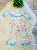 Girl’s Pastel Pumpkin Patchwork Ruffle Two-Piece Outfit
