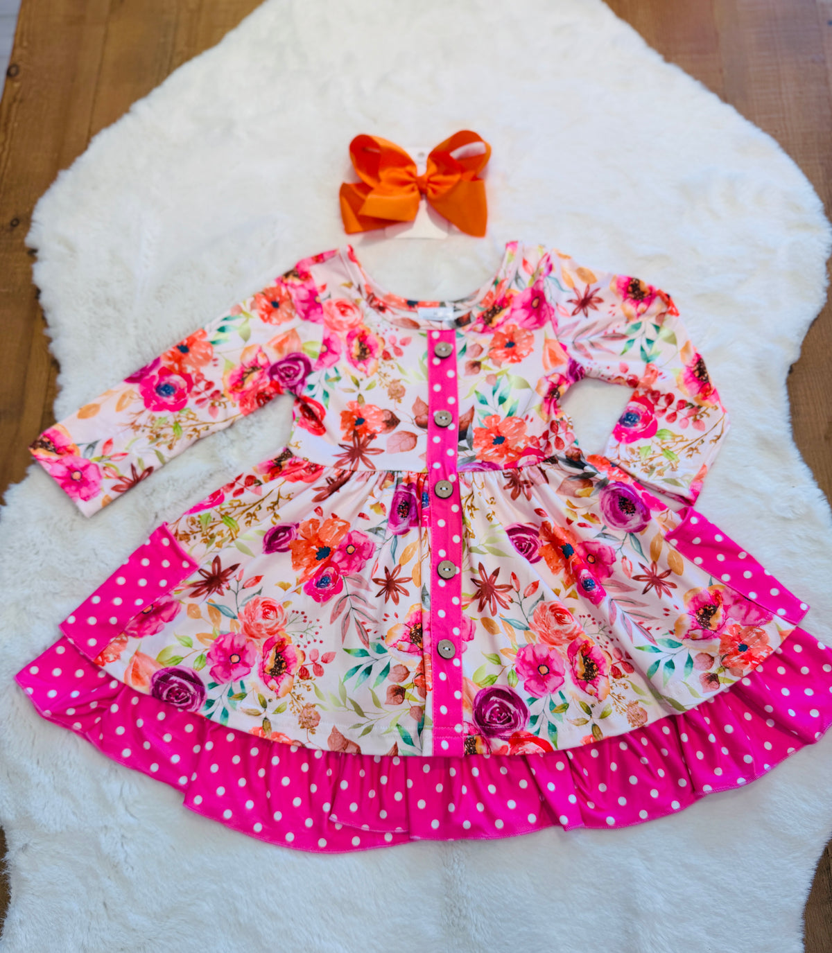 Girls Fall Floral Button Ruffle Dress