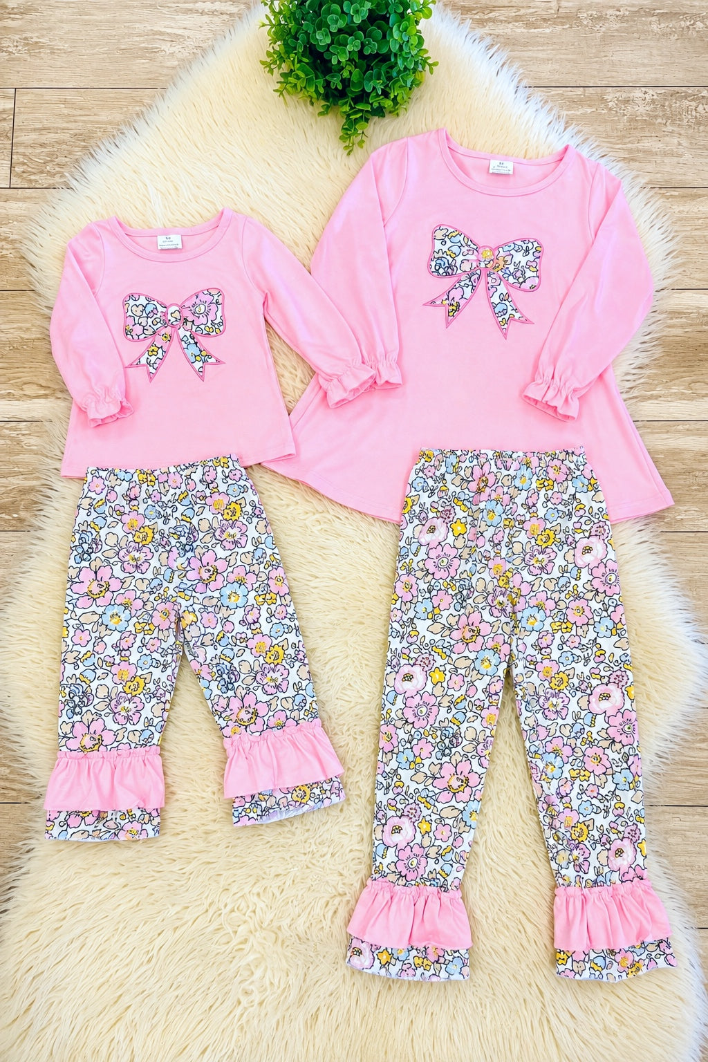 Girls Pink Bow Floral Ruffle Pant Outfit