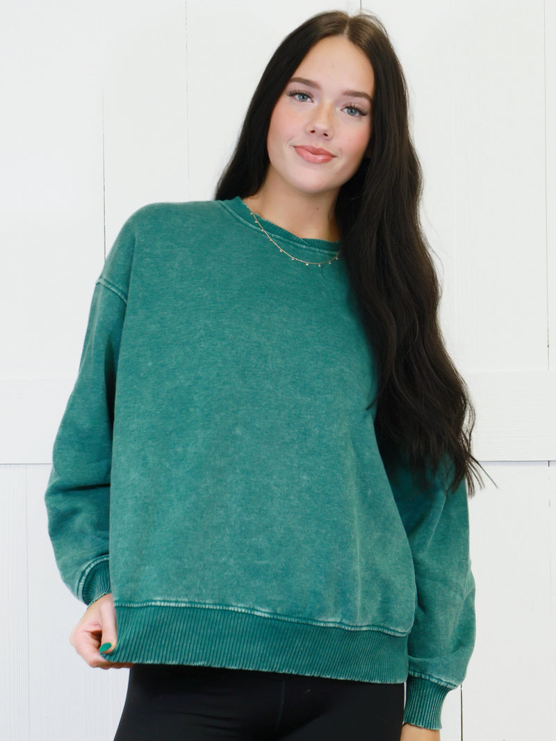 Zenana Basic Acid Wash Oversized Fleece Pullover Sweater Dark Green Sweater Top