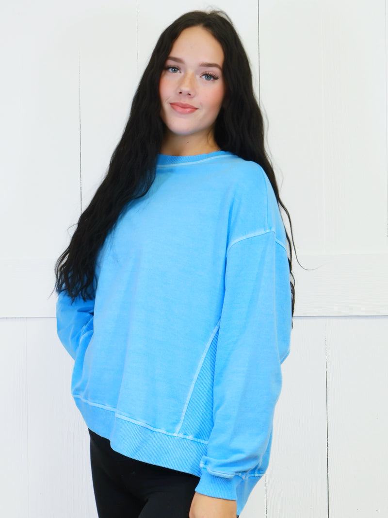 Women’s Basic Zenana Enzyme Wash Split Side Oversized Pullover Deep Sky Blue Sweater
