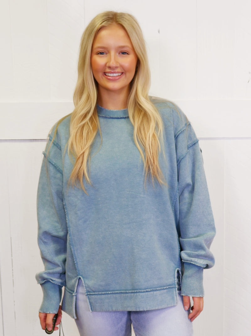 Blue Gray Acid Wash Exposed Seam Sweater Pullover Top