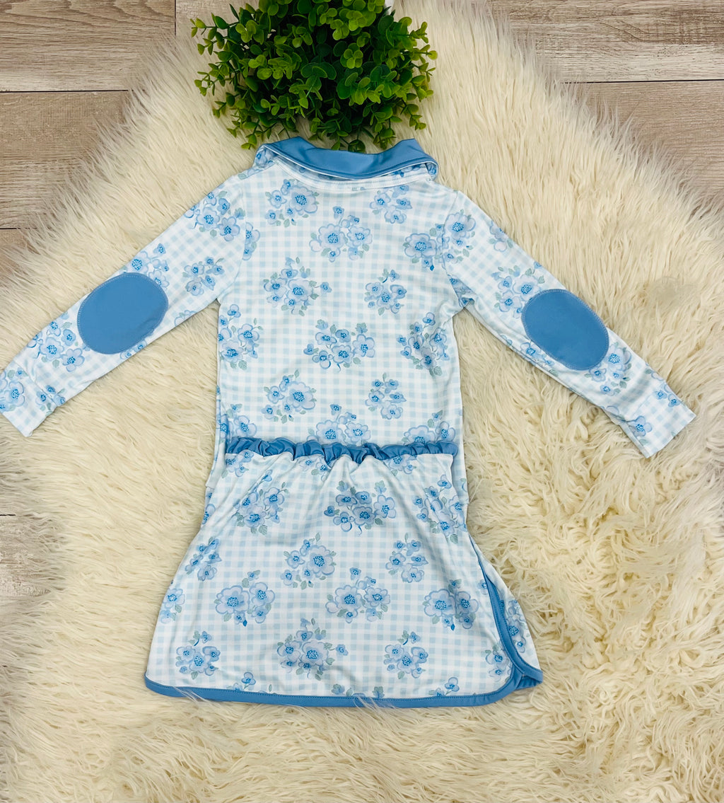 Girl’s Blue Floral Quarter Zip Long Sleeve Skort Set