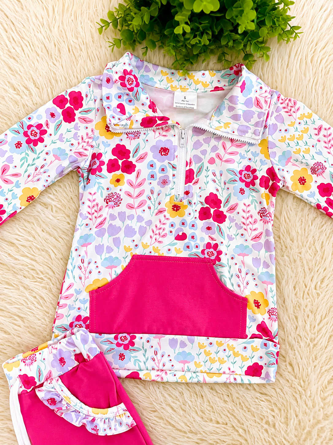 Girl’s Pink Floral Quarter Zip Two Piece Set