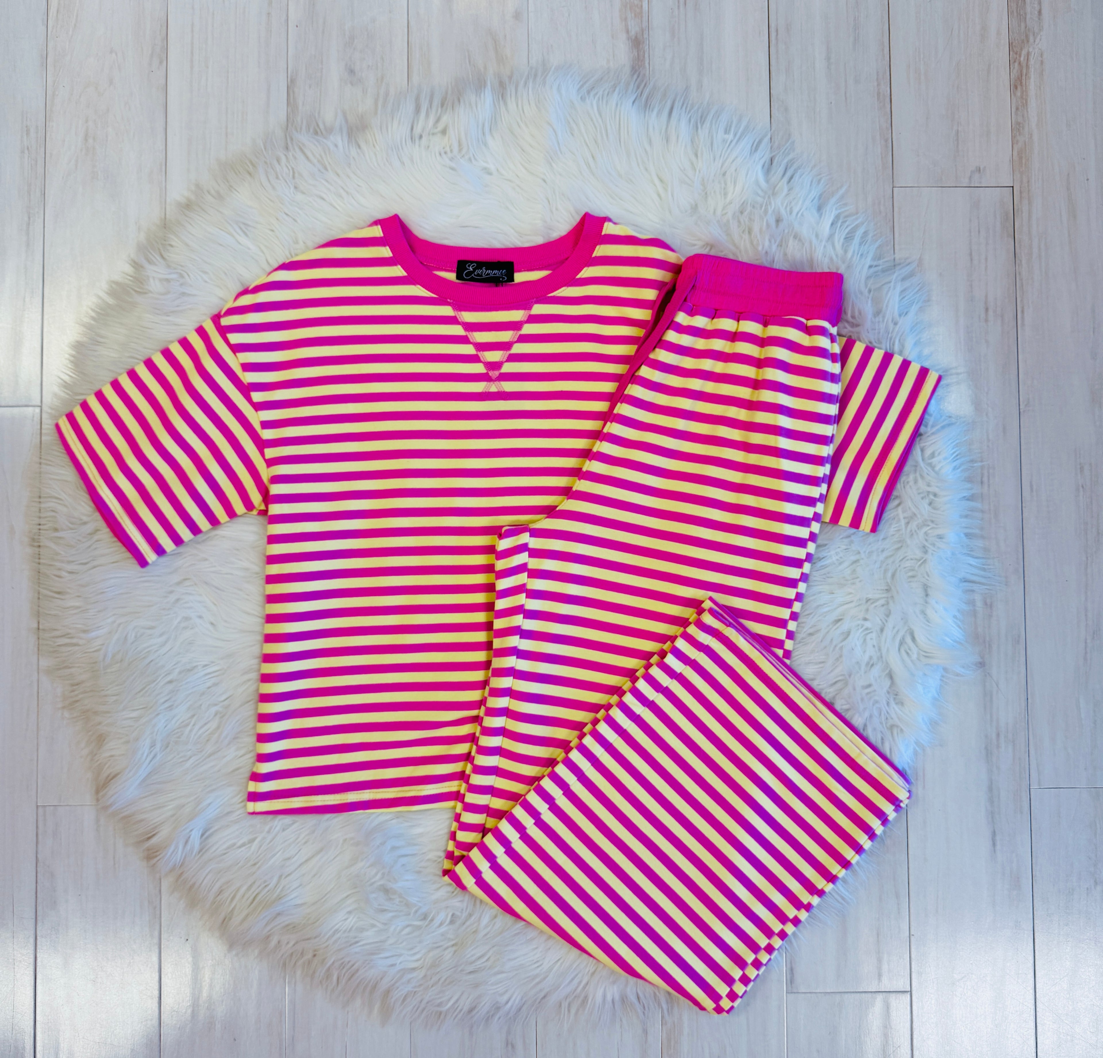 Women’s Evermmee Yellow and Pink Stripe Pant Set