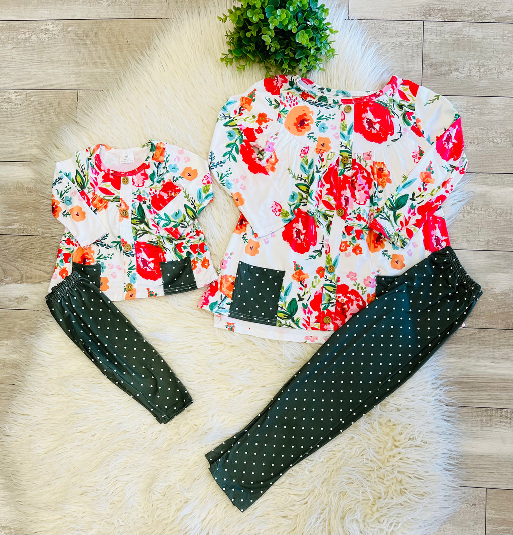 Girl’s Floral white Polka Dot Outfit