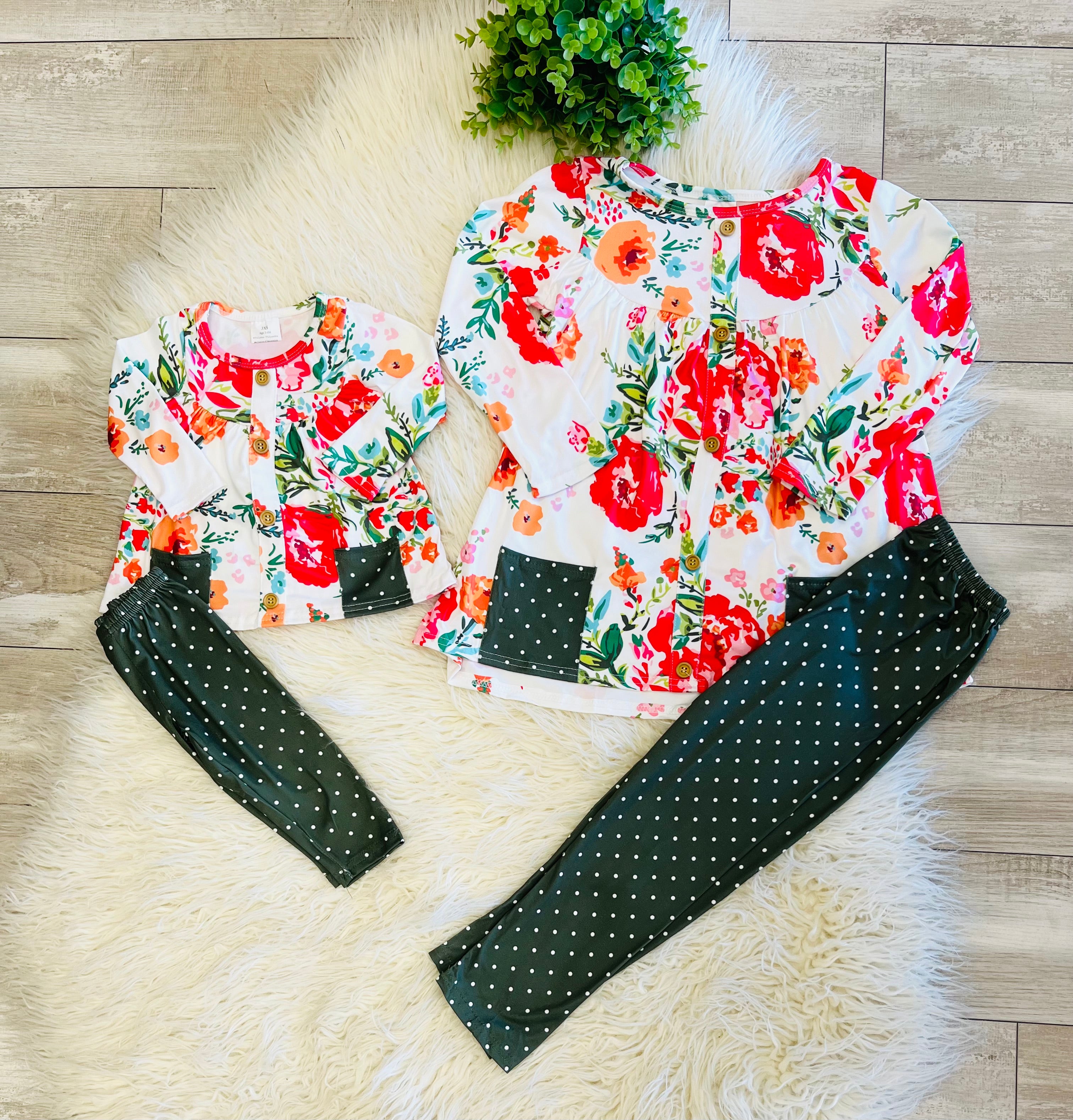 Girl’s Floral white Polka Dot Outfit