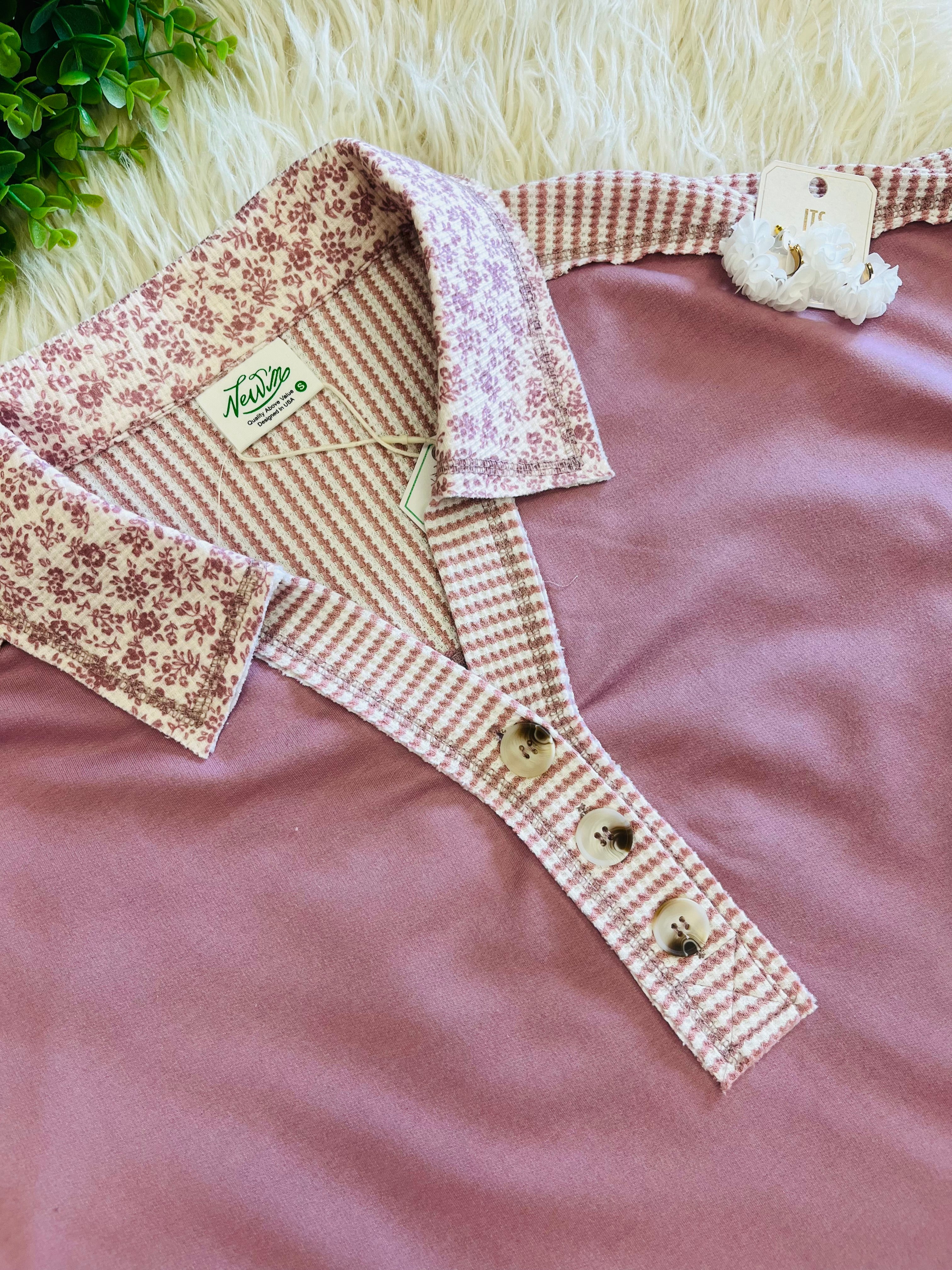 Women’s Mauve Half Button Down Collared Knit Top