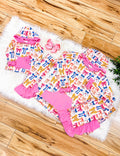 Girl’s Bow Print Hooded Outfit with Pink Ruffle Trim