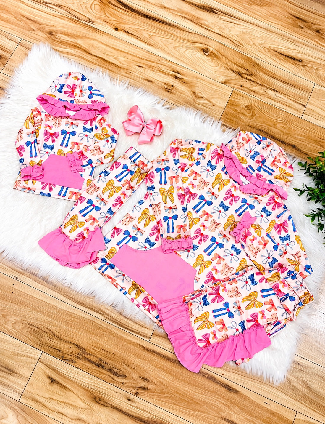 Girl’s Bow Print Hooded Outfit with Pink Ruffle Trim