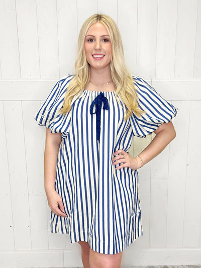 Umgee White and Navy Striped Dress - Mini Mee Boutique