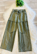 Women’s Evermee Olive Green Mineral-Washed Wide-Leg Patchwork Pants
