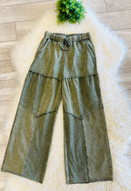 Women’s Evermee Olive Green Mineral-Washed Wide-Leg Patchwork Pants