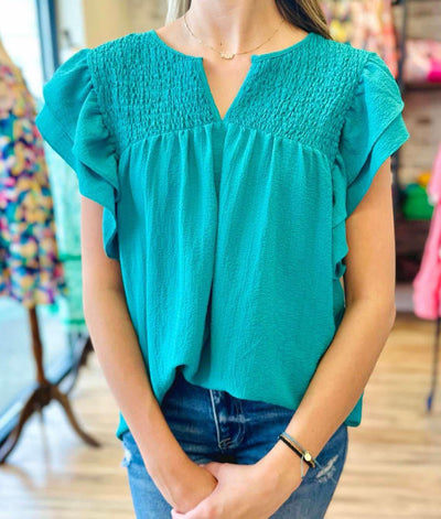 Teal Top with Ruffle Sleeves - Mini Mee Boutique