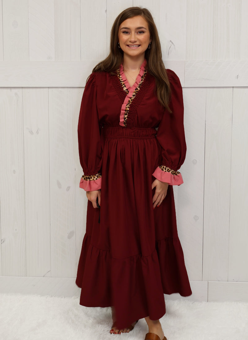 Umgee Wine Cheetah Trim Dress