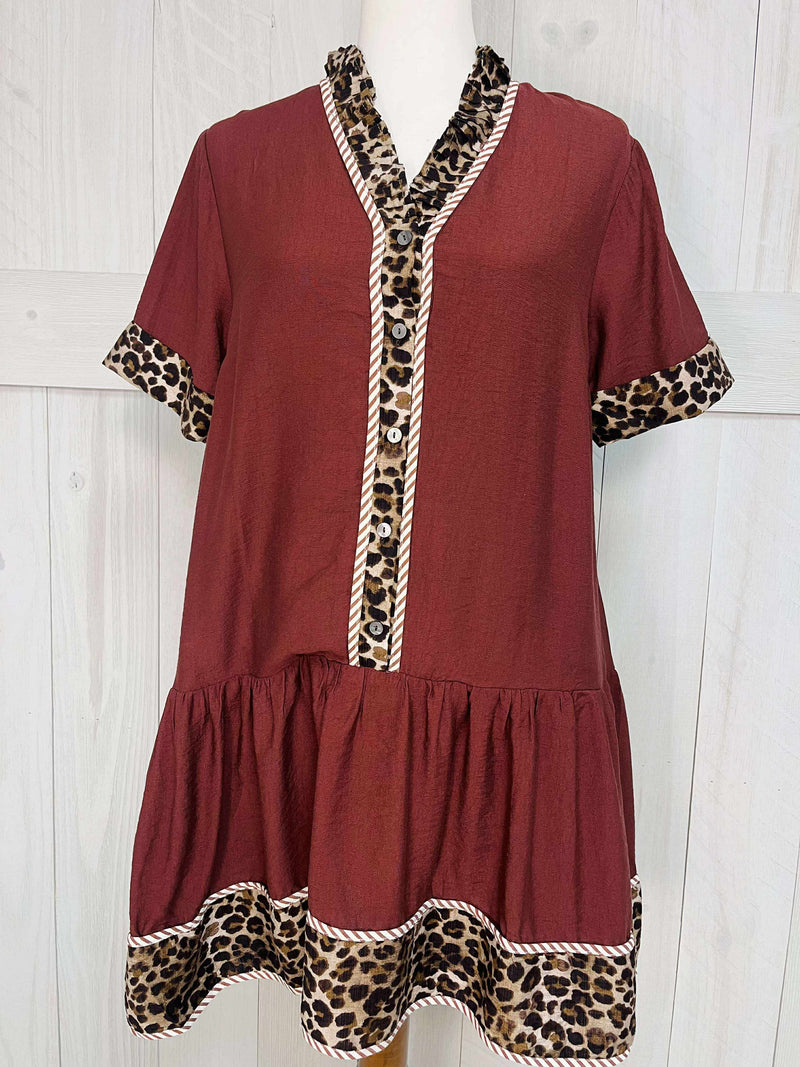 Entro Merlot Cheetah Split Neck Dress