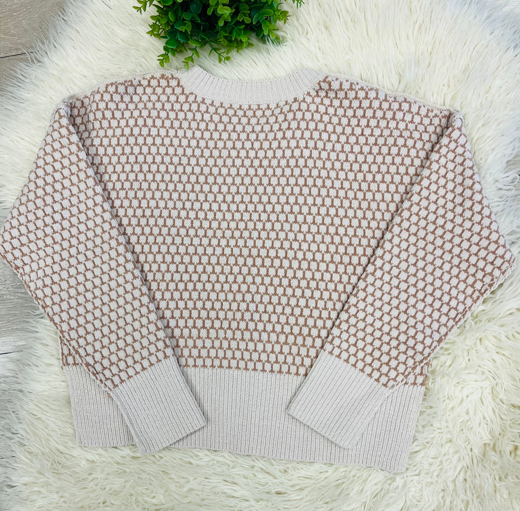 Women’s Ivory And Taupe Checkered Crewneck Knit sweater