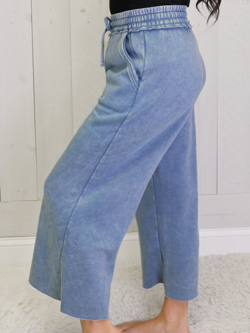 Blue Grey Acid Wash Fleece Palazzo pant with pockets