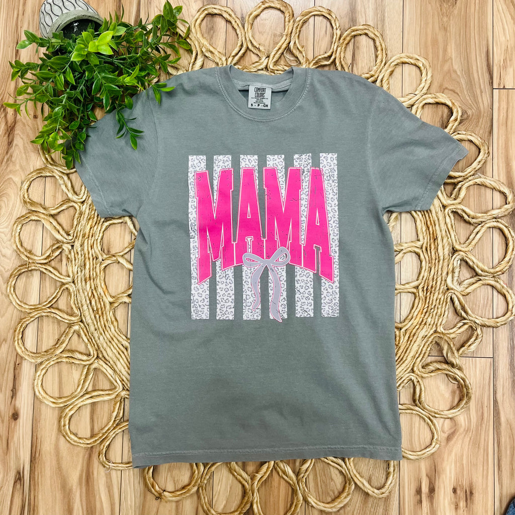Women’s Grey “Mama” Cheetah Print Striped Tee