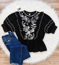 Women’s Umgee Black Embroidered Puff Sleeve Peplum Top