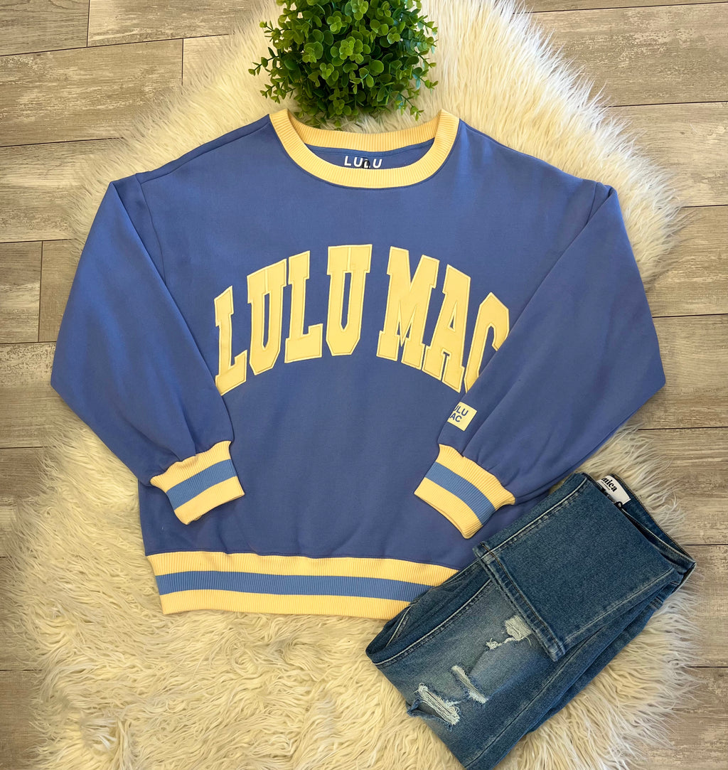 Women’s LuLu Mac Blue & Butter Yellow Striped Ribbed Trim Sweatshirt