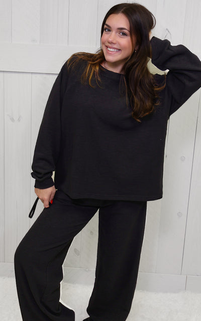 Zenana Long Sleeve Lounge Set Black