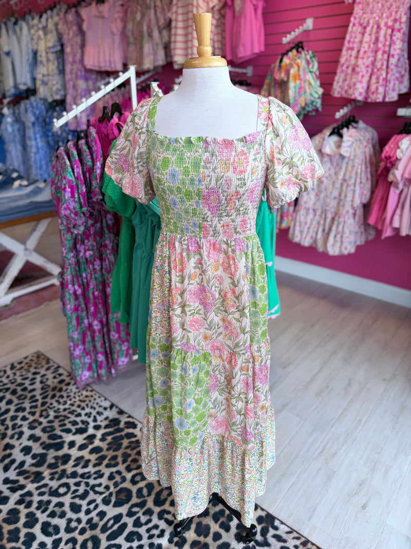 gigio maxi dress GiGio Mixed Print Button Down Front Maxi Dress in Olive Mix S