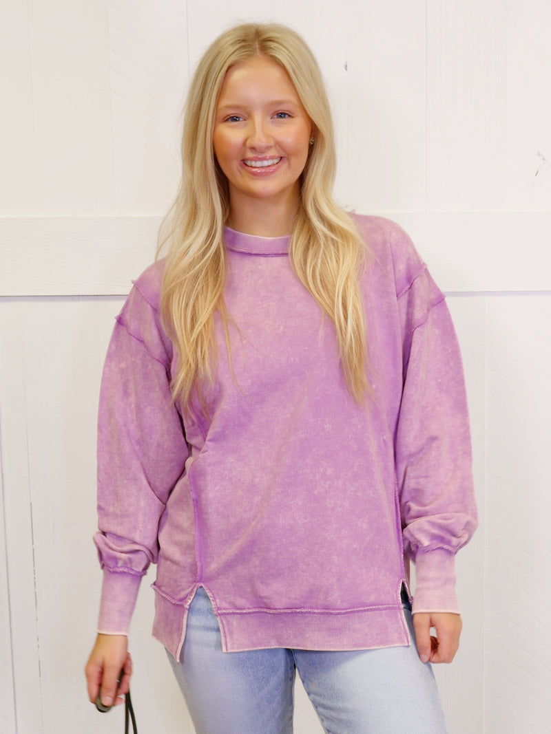 Mauve Acid Wash Exposed Seam Sweater Pullover Top