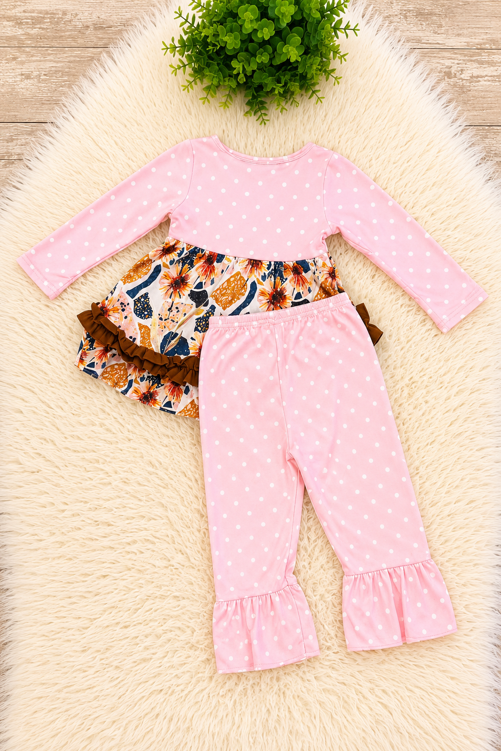 Girl’s Fall Floral Pink Polka Dot Pants Outfit