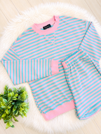 Women’s Pink and Blue Stripe Long Sleeve Short Set