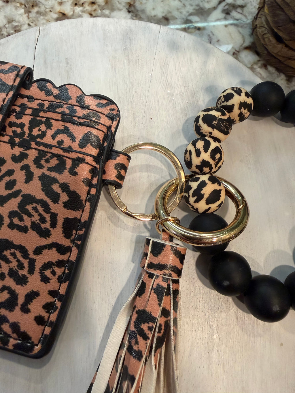 Wristlet ID Badge Pouch Keychain Cheetah Print Coffee