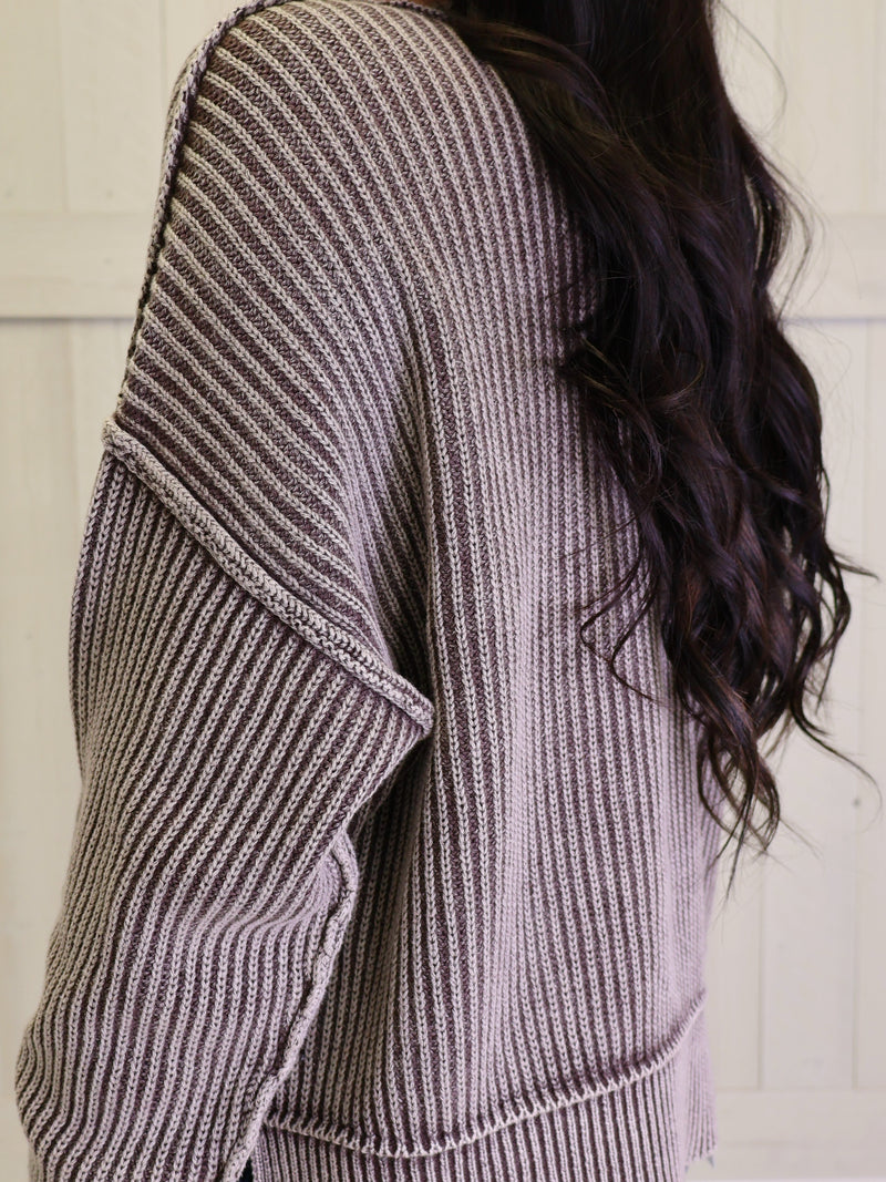 Brown Washed Side Slit Oversized Cropped Sweater
