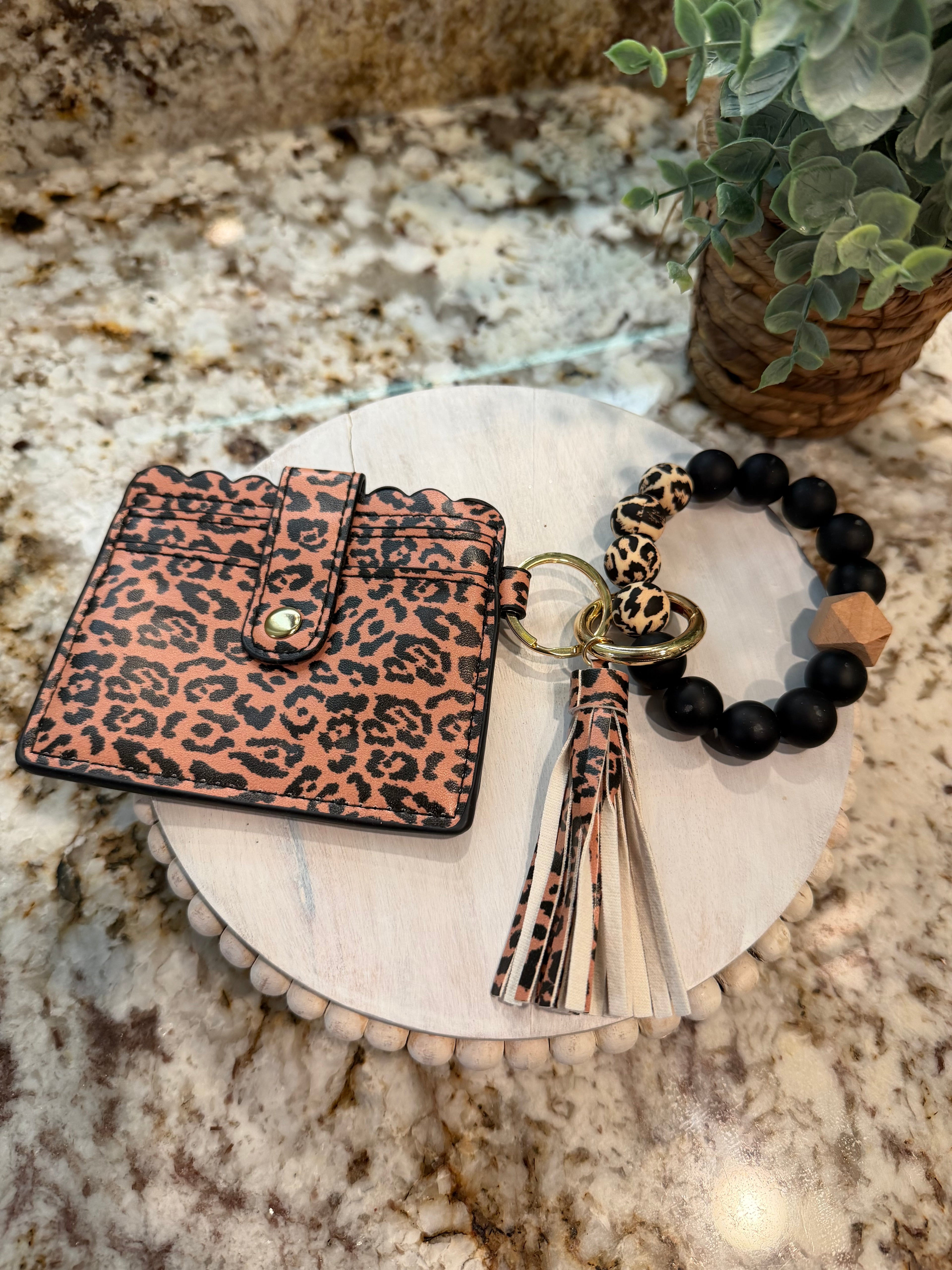 Wristlet ID Badge Pouch Keychain Cheetah Print Coffee
