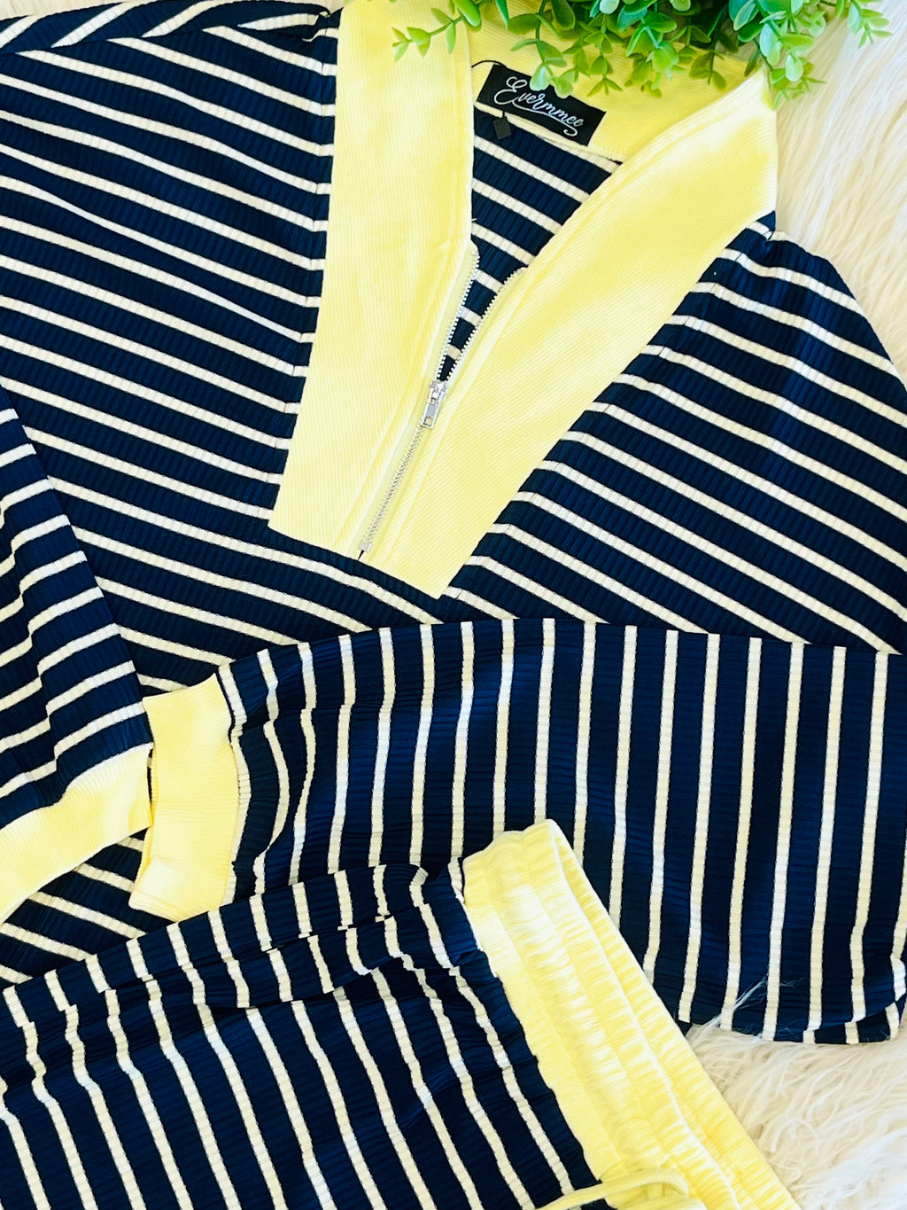 Women’s Navy & Yellow Stripe Quarter Zip Set