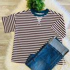 Women’s Curvy Burgundy Stripe Short Sleeve Knit Top