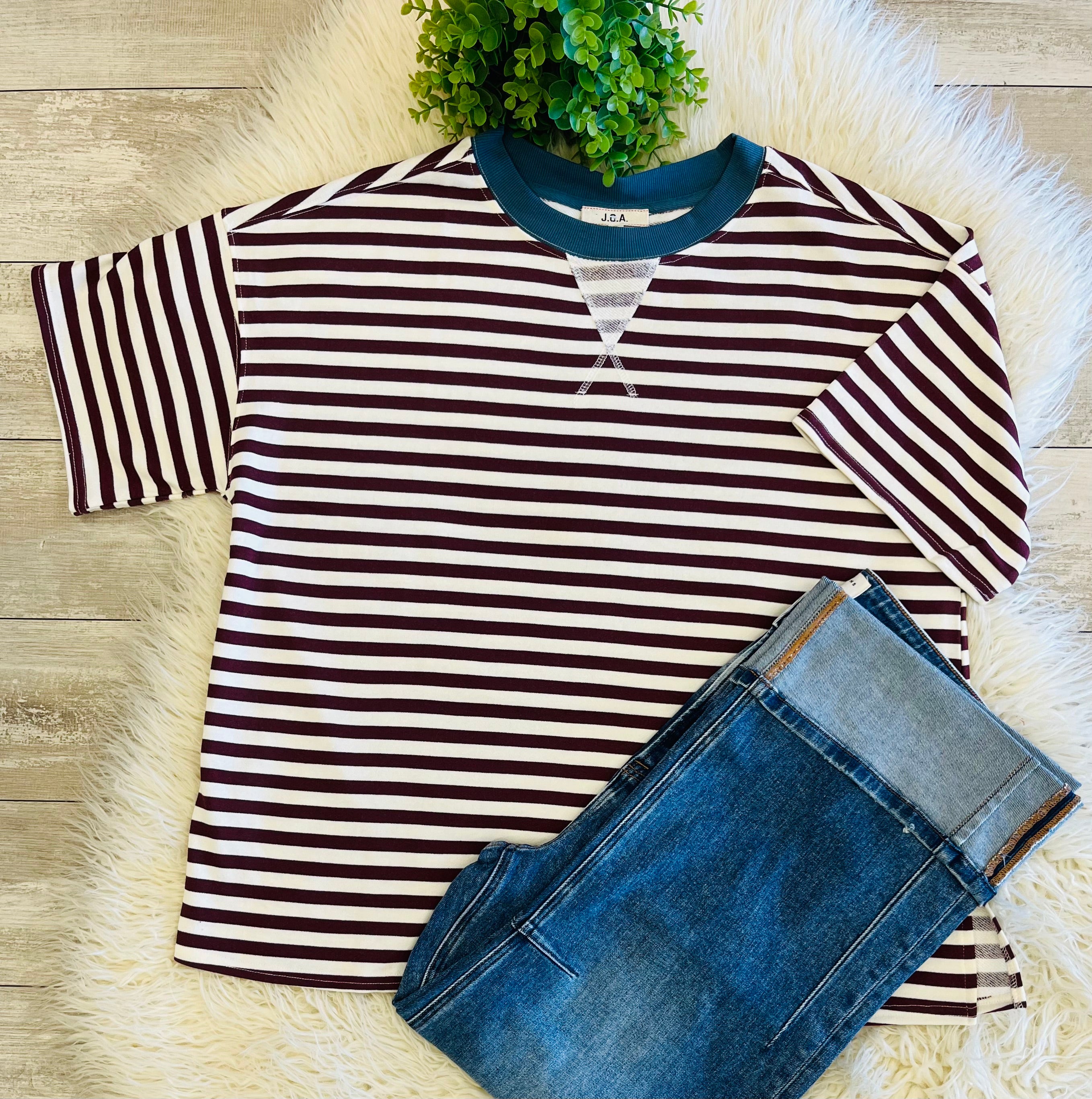 Women’s Curvy Burgundy Stripe Short Sleeve Knit Top