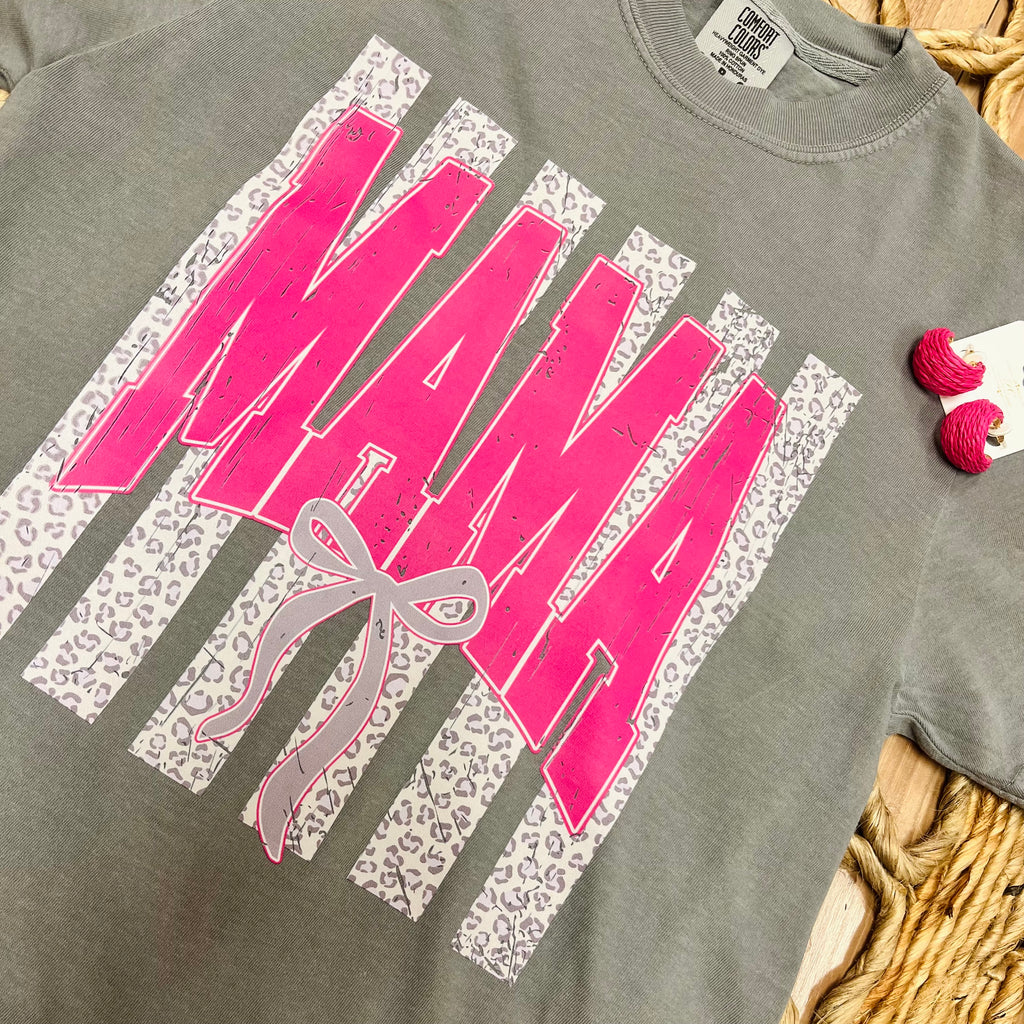 Women’s Grey “Mama” Cheetah Print Striped Tee