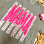 Women’s Grey “Mama” Cheetah Print Striped Tee