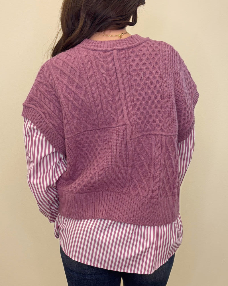 Purple Sweater with Striped Sleeves - Mini Mee Boutique