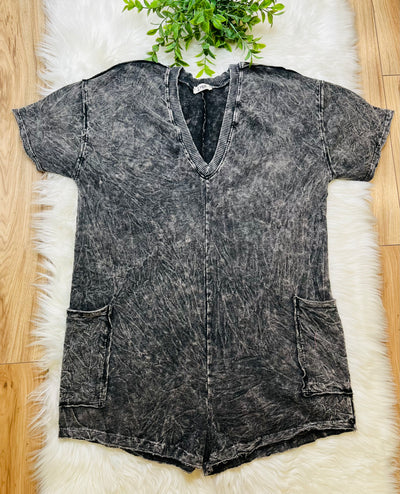 Acid Wash Pocket Romper Ash Black