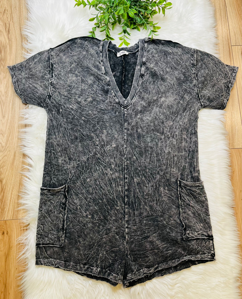 Acid Wash Pocket Romper Ash Black