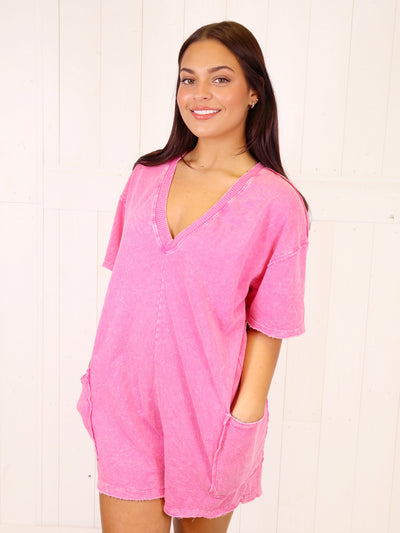 Acid Wash Pocket Romper Hot Pink