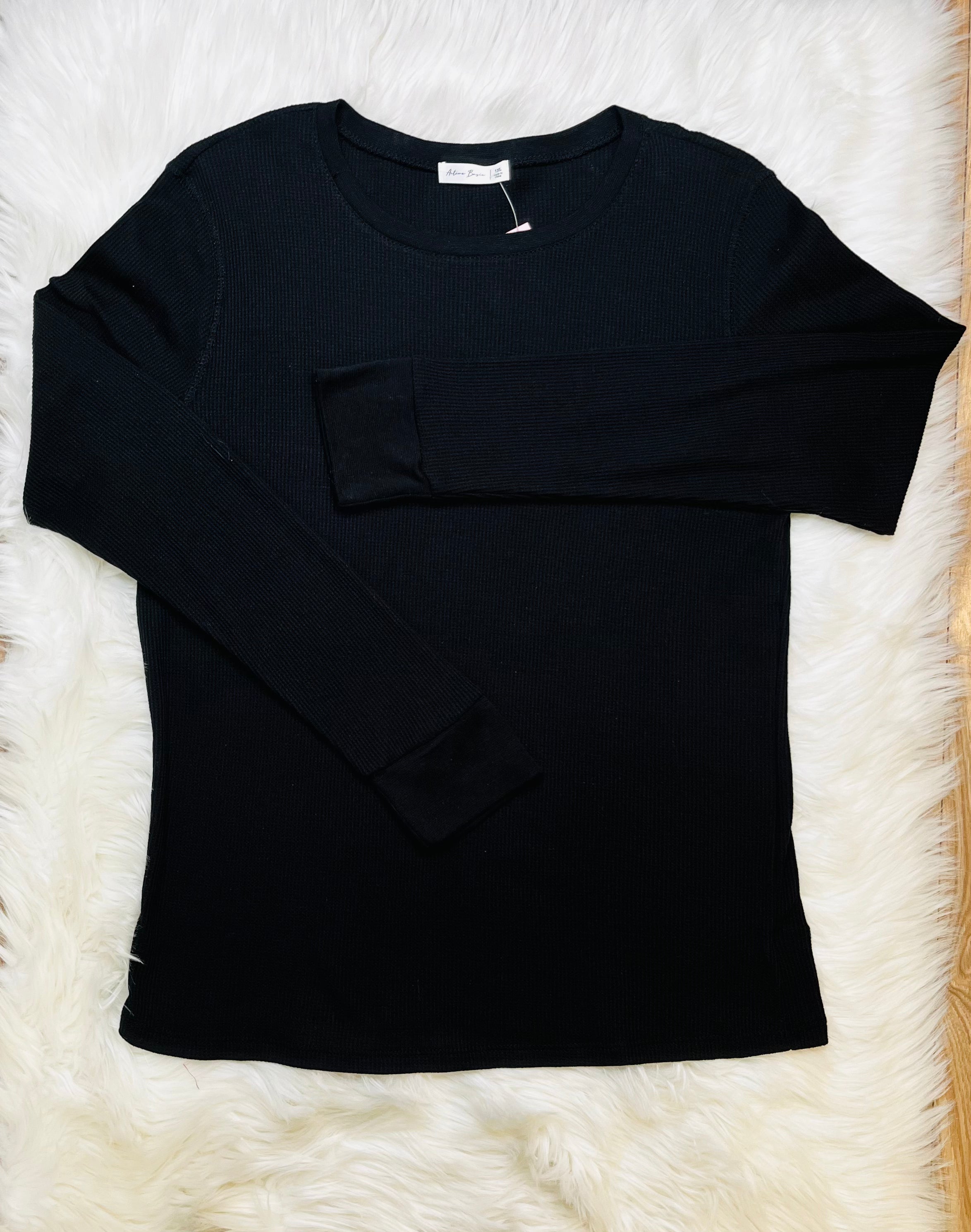Active Basic Black Waffle Long Sleeve Shirt
