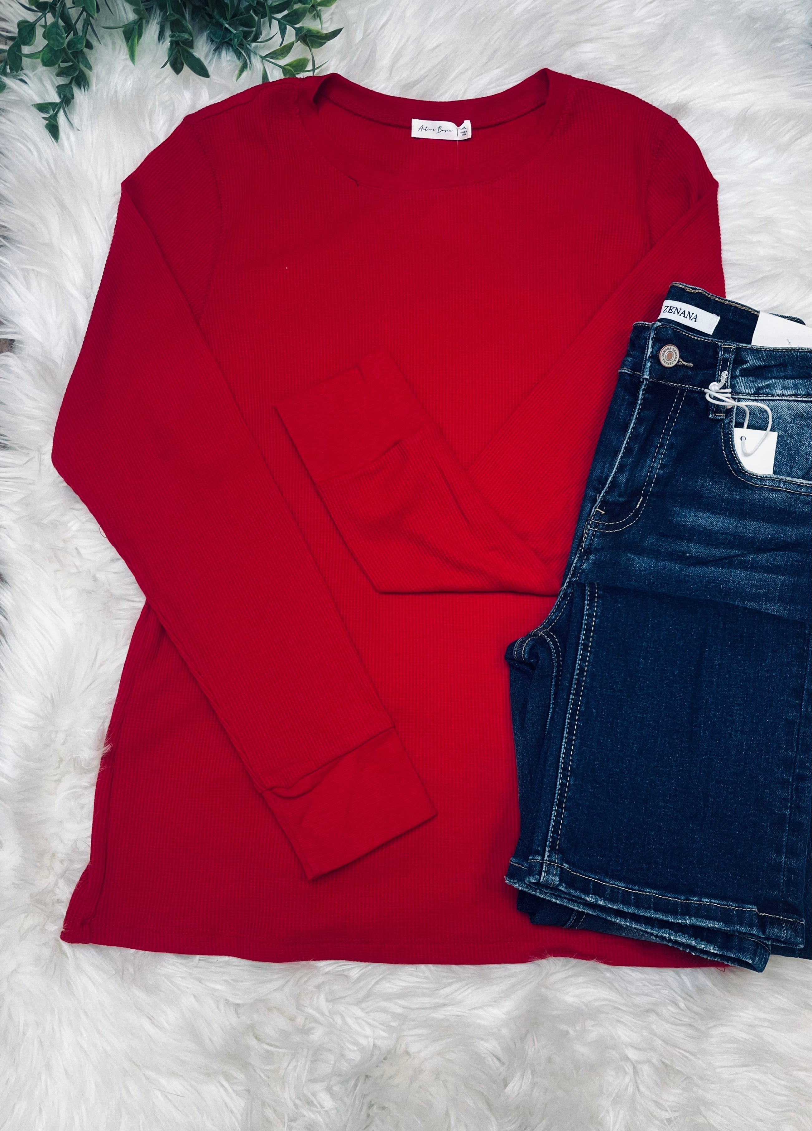 Active Basic Red Waffle Long Sleeve Top Shirt