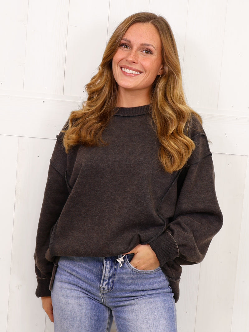 Ash Black Acid Wash Exposed Seam Sweater Pullover Top