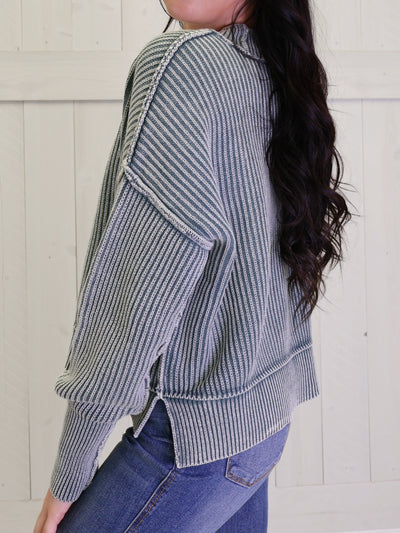 Ash Jade Washed Side Slit Oversized Cropped Sweater Pullover Top