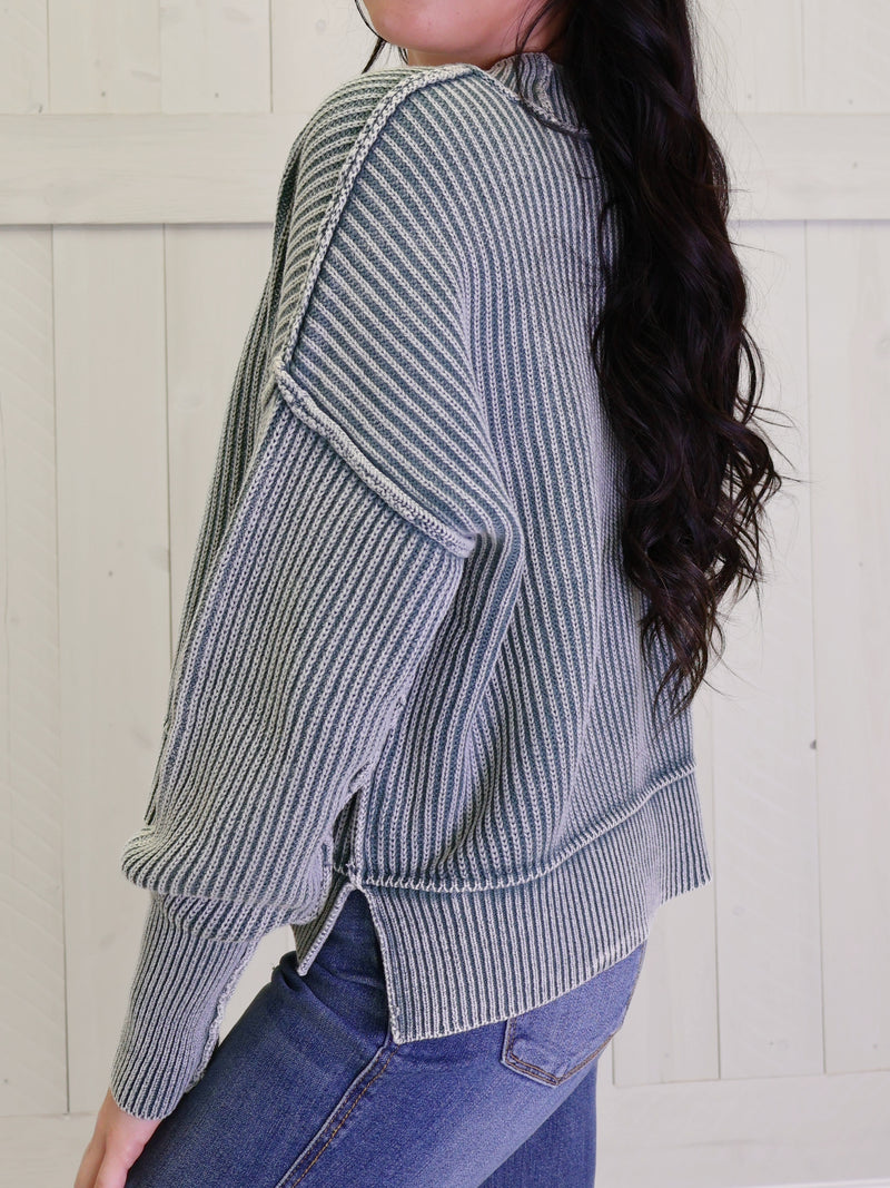 Ash Jade Washed Side Slit Oversized Cropped Sweater Pullover Top