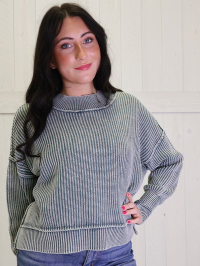 Ash Jade Washed Side Slit Oversized Cropped Sweater Pullover Top