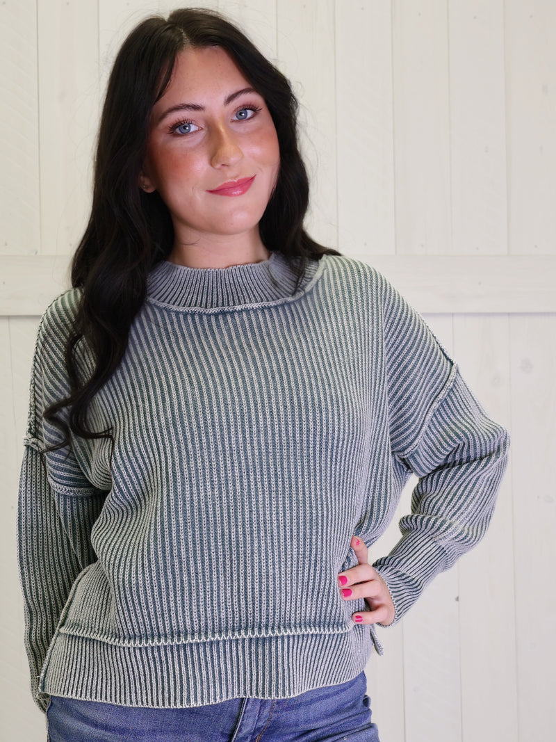 Ash Jade Washed Side Slit Oversized Cropped Sweater Pullover Top